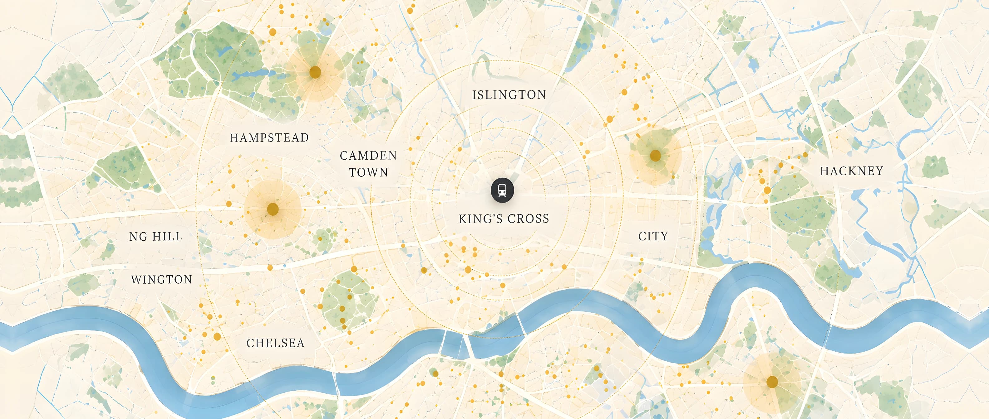 Map of London with the homes that match the brief: Hampstead 94%, Islington 92%, Clapham 96%, Greenwich 88%.